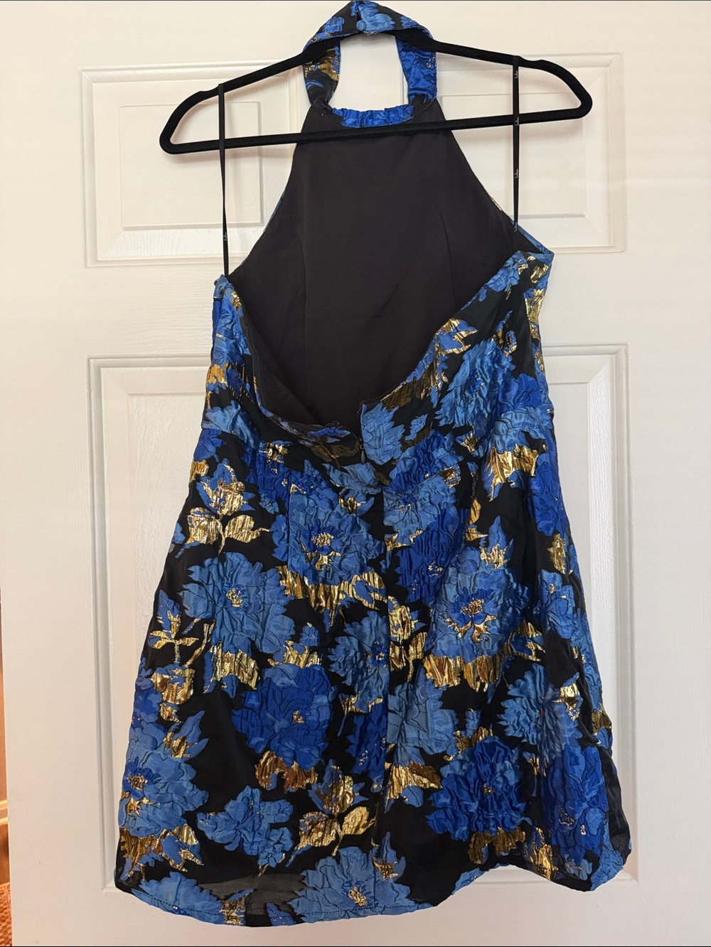 Lulu's Blue & Gold Floral Halter Mini Dress - Picture 4 of 6